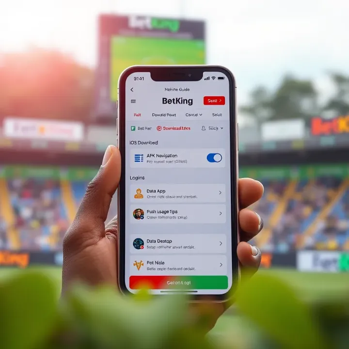 Smartphone displaying BetKing sports betting app with football-themed interface and vibrant colors