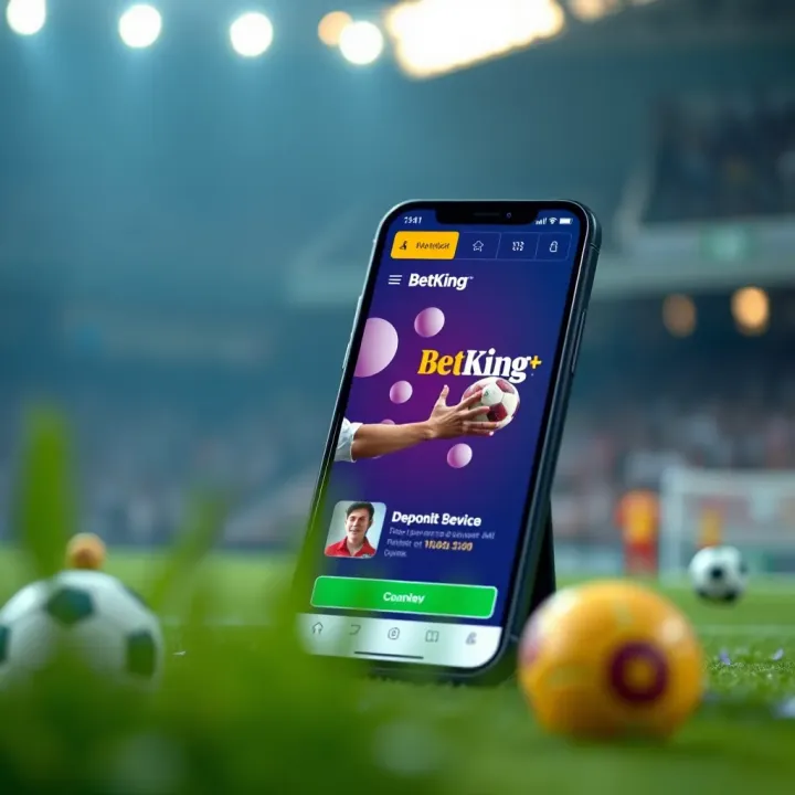 Illustration of a mobile phone displaying BetKing registration screen with Nigerian flag theme